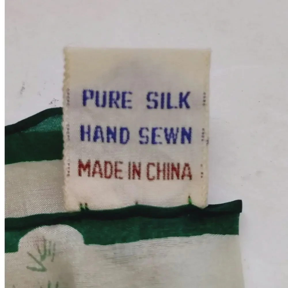 Happiness Pure Silk Scarf Hand Sewn Floral Green White Lightweight Square Scarf